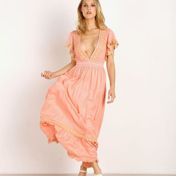 Cleobella Women' Camelia V-Neck Boho Maxi Dress in Guava Pink Small - Picture 1 of 4